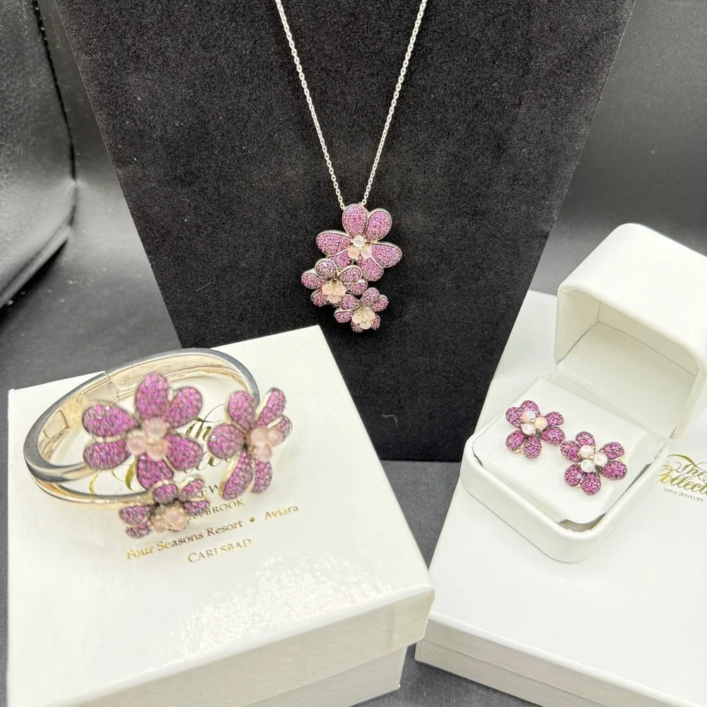 Moonstone Flower‎ Purple Sterling Silver Set Pendant Earrings Bracelet Garnet